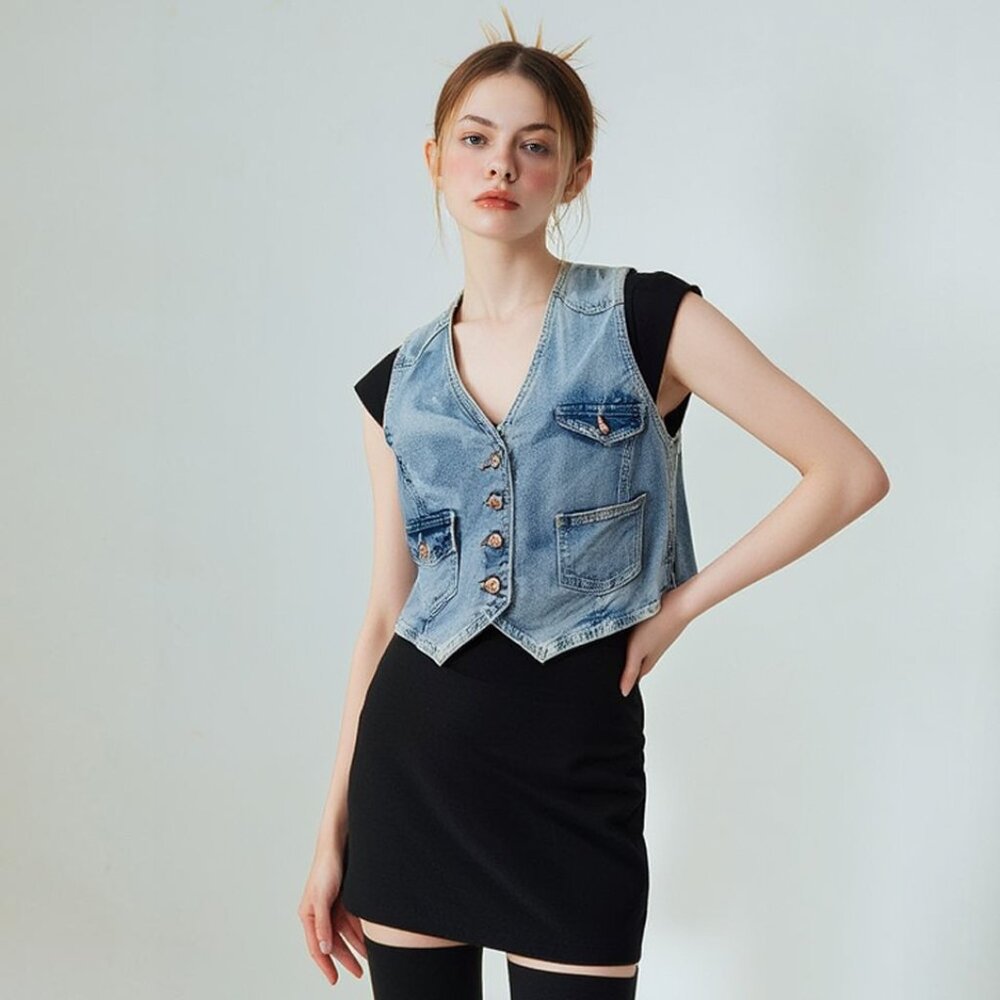 Nicole Miller Denim Button-Up Vest